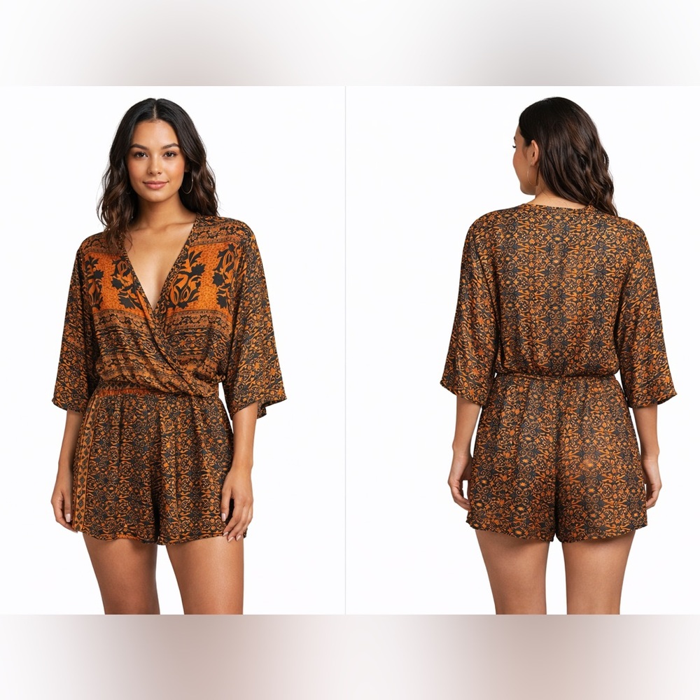Earthbound Boho Paisley Wrap Front Bell Sleeve Romper Medium Orange Black